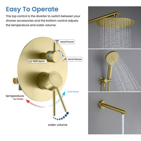 Kibi Circular Pressure Balanced 3-Function Shower System with Rough-In Valve, Brushed Gold KSF404BG